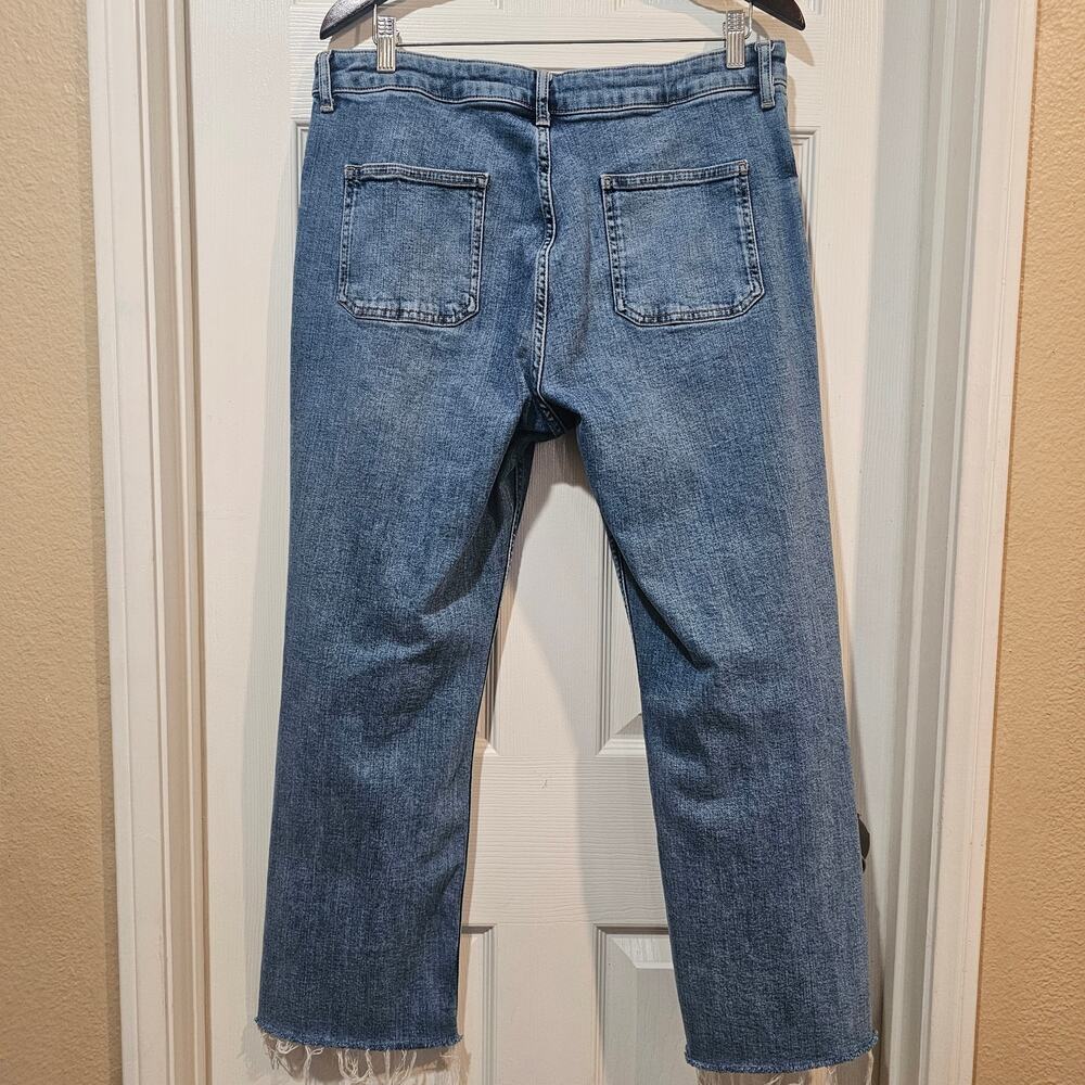 Zara Straight Leg Jeans Size 14 Blue Denim Patch Pocket Raw Hem - Picture 2 of 7